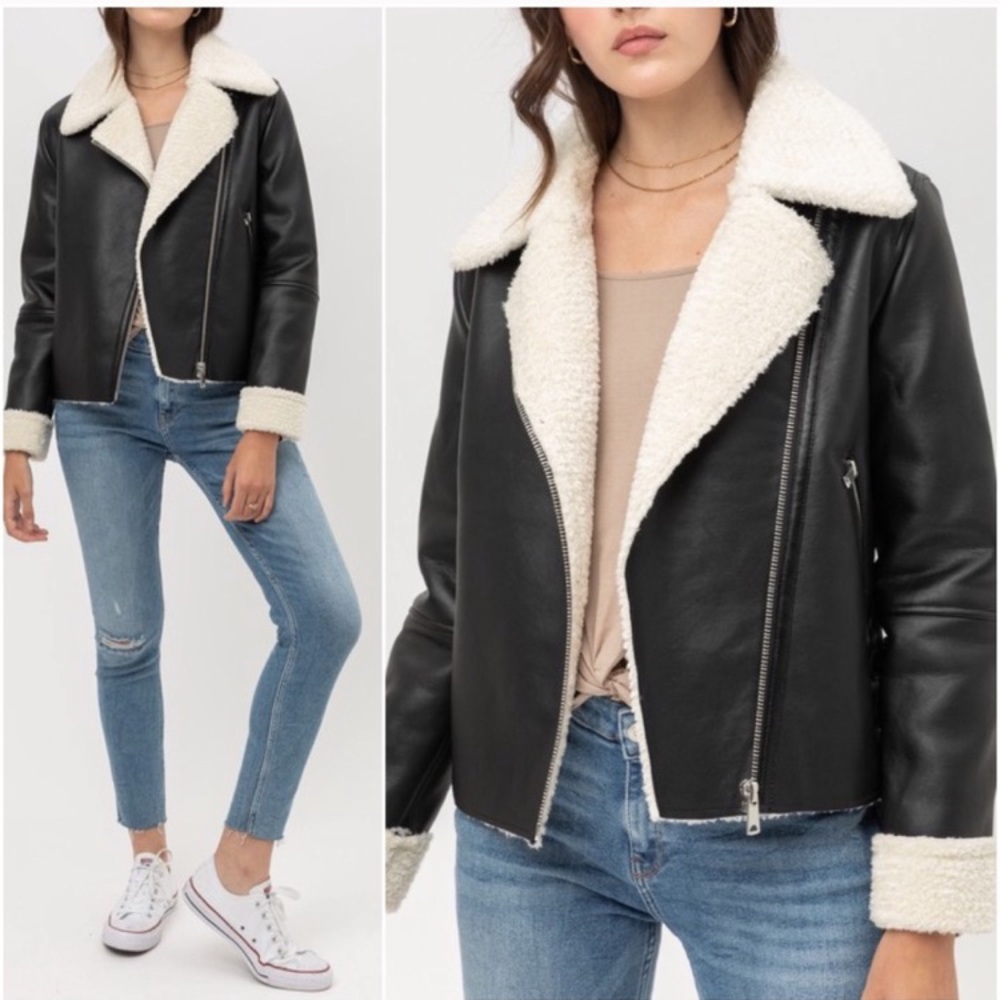 LAST ONE - L - Black Faux Leather Moto Jacket Sherpa Lined - Picture 3 of 16